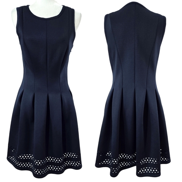Ann Taylor Navy Blue Pleated Laser Cut Eyelet Scuba Fit & Flare Dress Stretchy - Picture 1 of 10